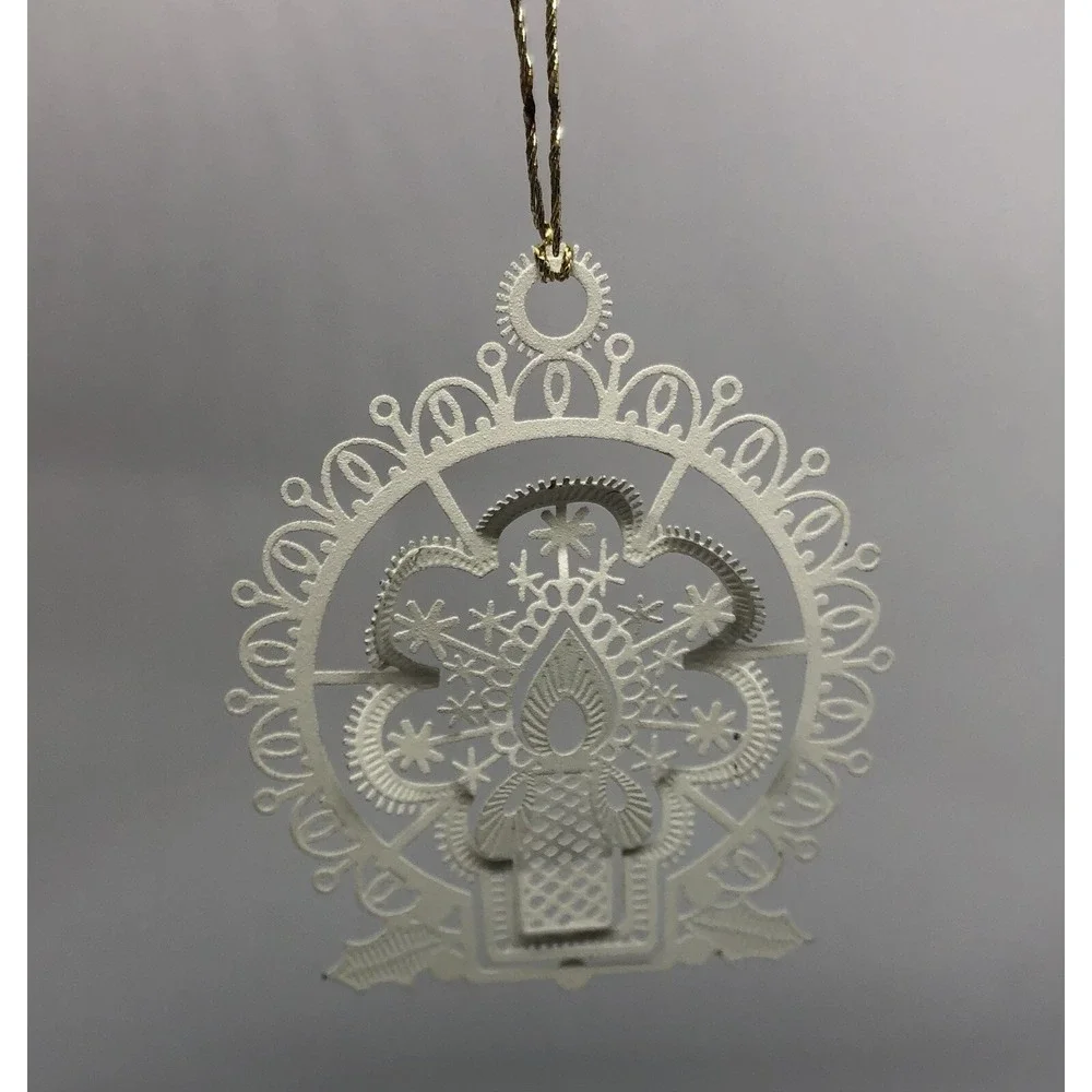 Vintage Christmas Ornament White‎ Type Metal Candle Delicate Cut-Out 2.5